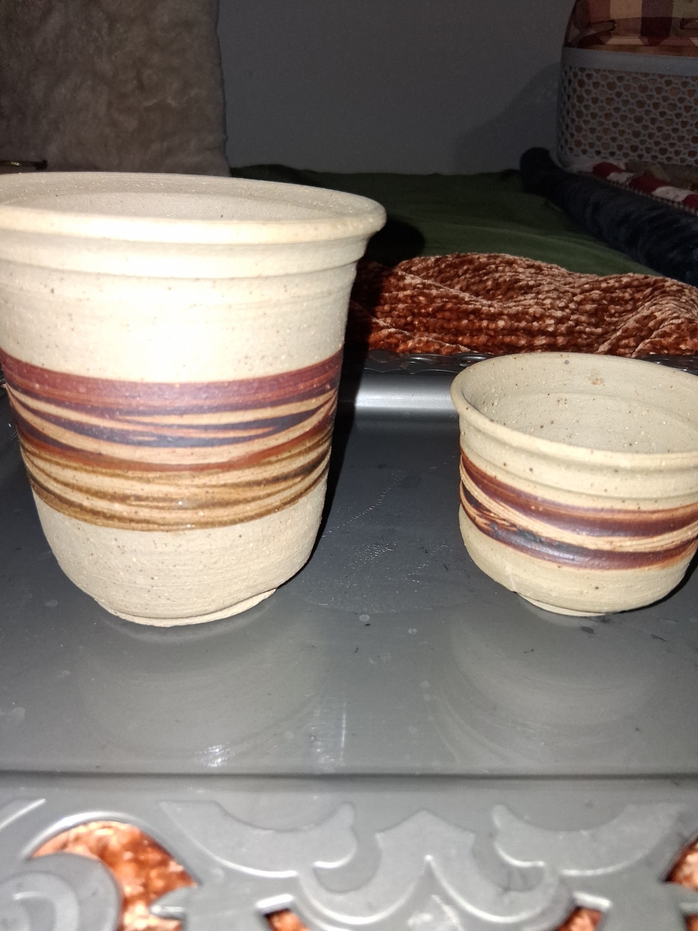 Handmade Beige Ceramic Cup Set with Brown and Beige  Stripes